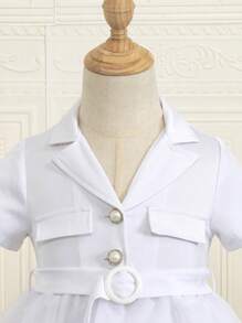 SHEIN Bộ váy liền màu thanh lịch dành cho bé gái mới biết đi có thắt lưng và lớp phủ lưới - trắng - Xem 4
