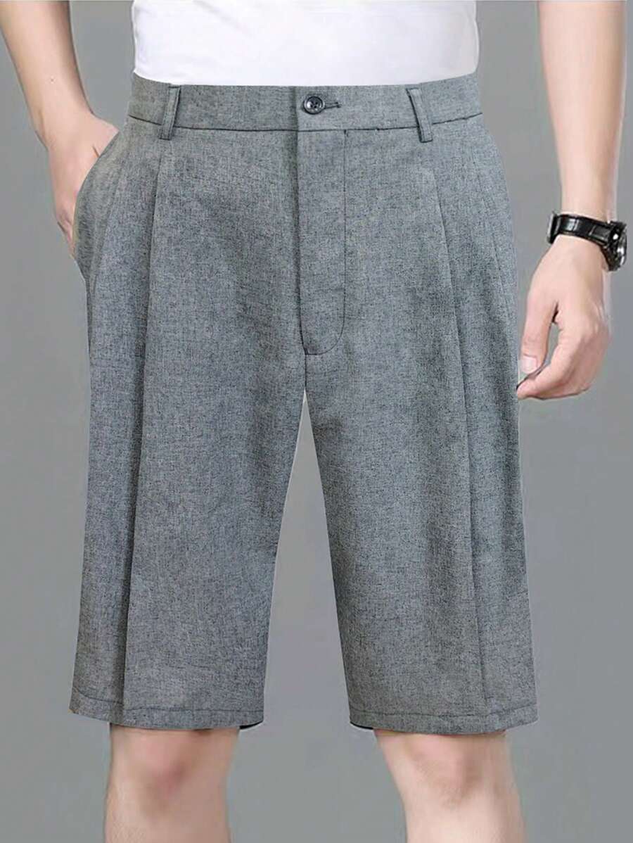 Quần Short Nam Nút Túi Uốn nếp màu trơn Giải trí - Xám - Xem 1