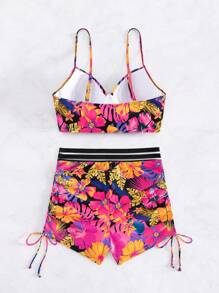 Tropical Print Push Up Shorts Bikini Set - Multicolor - View 2