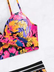 Tropical Print Push Up Shorts Bikini Set - Multicolor - View 5