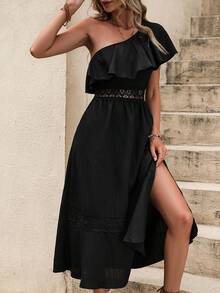 SHEIN VCAY Đầm Tương phản ren Xù Tách cao màu trơn Boho - màu đen - Xem 4