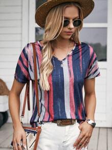 SHEIN LUNE Striped Print Batwing Sleeve Tee - Multicolor - View 4