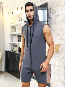 男士拉鏈開襟抽繩連帽連體睡衣