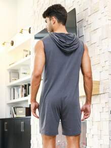 男士拉鏈開襟抽繩連帽連體睡衣