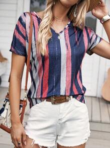 SHEIN LUNE Striped Print Batwing Sleeve Tee - Multicolor - View 2