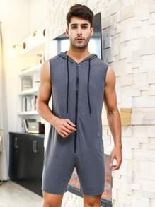 男士拉鏈開襟抽繩連帽連體睡衣