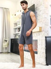 男士拉鏈開襟抽繩連帽連體睡衣