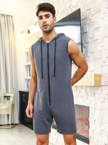 男士拉鏈開襟抽繩連帽連體睡衣