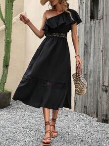 SHEIN VCAY Đầm Tương phản ren Xù Tách cao màu trơn Boho - màu đen - Xem 6