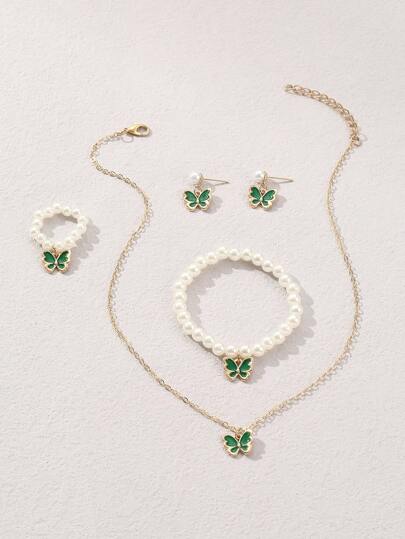 5入組女孩蝴蝶和人造珍珠裝飾首飾套裝日常裝飾