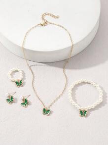 5件套女孩油滴蝴蝶项链、1条手链、1副耳环、1对戒指首饰套装 - 綠色 - 查看 5