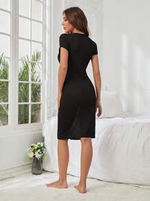 前紐扣純色女士家居服連衣裙 - 黑色 - 查看 2