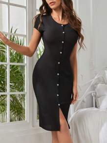 前紐扣純色女士家居服連衣裙 - 黑色 - 查看 4