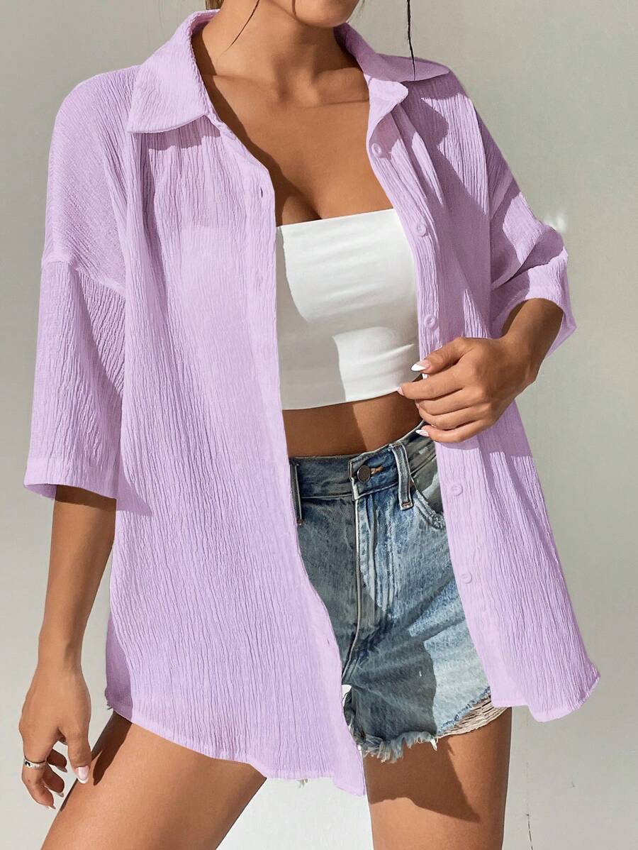 SHEIN EZwear 素色落肩袖前紐扣襯衫 - 紫色 - 查看 1