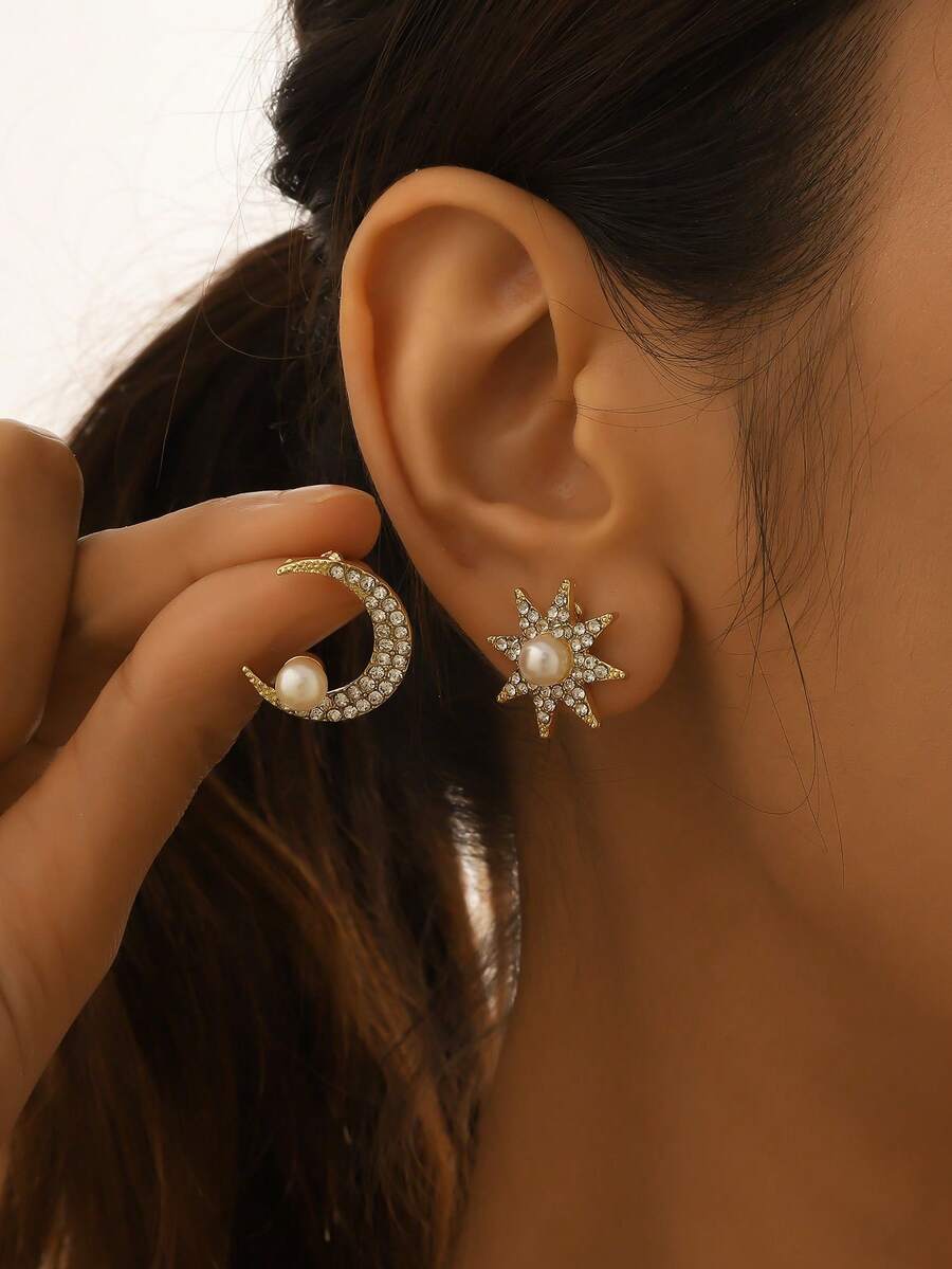 1 Pair Bohemian Faux Pearl & Rhinestone Star And Moon Earrings, Suitable For Daily Wear For Women