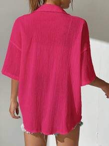 SHEIN EZwear Solid Drop Shoulder Button Front Shirt - Hot Pink - View 2