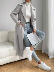 SHEIN EZwear Abrigo con cuello de solapa, bolsillos dobles y cinturón para otoño/invierno - Gris - Ver 1