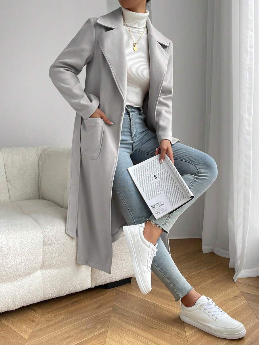 SHEIN EZwear Abrigo con cuello de solapa, bolsillos dobles y cinturón para otoño/invierno - Gris - Ver 1