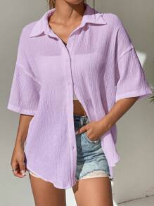 SHEIN EZwear 素色落肩袖前紐扣襯衫 - 紫色 - 查看 5
