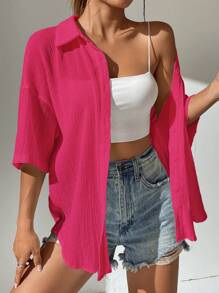 SHEIN EZwear Solid Drop Shoulder Button Front Shirt - Hot Pink - View 4