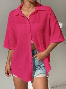 SHEIN EZwear Solid Drop Shoulder Button Front Shirt - Hot Pink - View 5