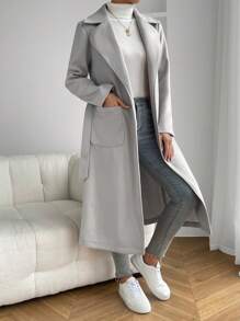 SHEIN EZwear Abrigo con cuello de solapa, bolsillos dobles y cinturón para otoño/invierno - Gris - Ver 4