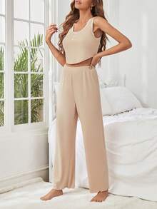 Half Button Tank Top & Trousers Lounge Set - Khaki - View 7