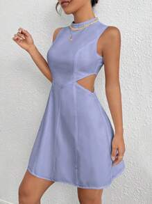 SHEIN EZwear Đầm Cắt ra Dây kéo màu trơn Giải trí - Màu tím - Xem 3
