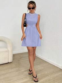 SHEIN EZwear Đầm Cắt ra Dây kéo màu trơn Giải trí - Màu tím - Xem 4