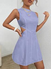 SHEIN EZwear Đầm Cắt ra Dây kéo màu trơn Giải trí - Màu tím - Xem 5