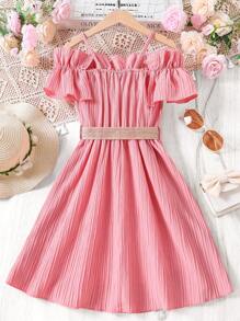 Cô gái Tween Vai lạnh Viền Ruffle Váy có thắt lưng - Hồng - Xem 2
