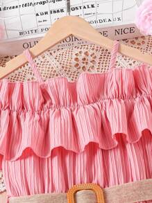 Cô gái Tween Vai lạnh Viền Ruffle Váy có thắt lưng - Hồng - Xem 7