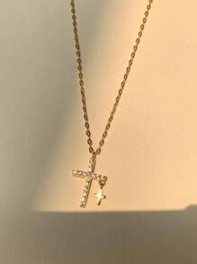 1個簡單的銅鑲嵌吊墜項鍊,男女均適合日常佩戴 - 金黃色 - 查看 1