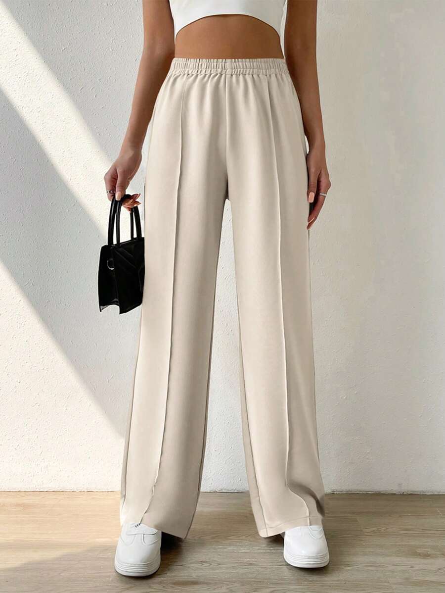 SHEIN EZwear 女士纯色日常穿着松紧腰裤 - 杏色 - 查看 1