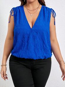 SHEIN LUNE Plus Drawstring Shoulder Wrap Detail Sleeveless Blouse - Blue - View 3