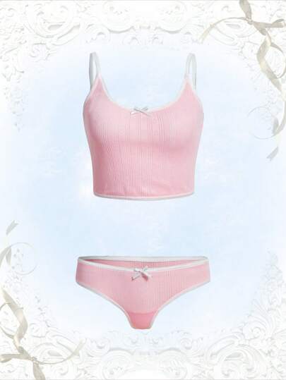 Kawaii Conjunto de lencería con decoración de moño y ribete de contraste estilo Himekaji