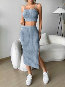 SHEIN EZwear Solid Ribbed Knit Cami Top & Split Thigh Skirt - Dusty Blue - View 1