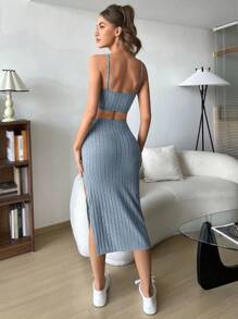 SHEIN EZwear Solid Ribbed Knit Cami Top & Split Thigh Skirt - Dusty Blue - View 2