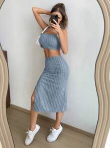 SHEIN EZwear Solid Ribbed Knit Cami Top & Split Thigh Skirt - Dusty Blue - View 3