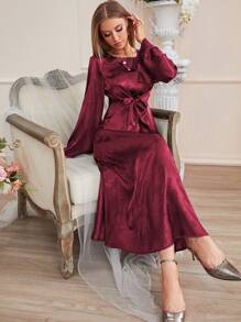 Modelyn Burgundy Red Jacquard Trumpet Sleeve Knot Front Dress, Evening Dress Maxi Women Outfit - Burgundy - View 1
