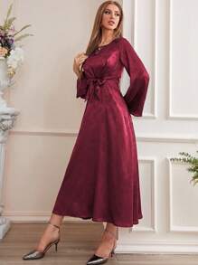 Modelyn Burgundy Red Jacquard Trumpet Sleeve Knot Front Dress, Evening Dress Maxi Women Outfit - Burgundy - View 4