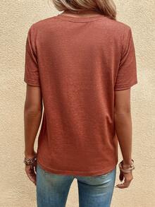 SHEIN LUNE Casual And Simple Round Neck Short Sleeve T-Shirt With Cow Head Print For Women, Summer - Rust Brown - View 4