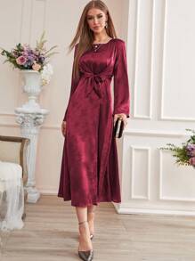 Modelyn Burgundy Red Jacquard Trumpet Sleeve Knot Front Dress, Evening Dress Maxi Women Outfit - Burgundy - View 5