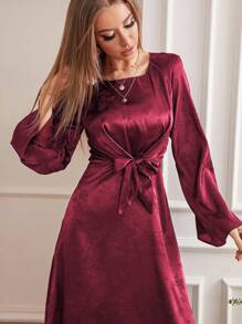 Modelyn Burgundy Red Jacquard Trumpet Sleeve Knot Front Dress, Evening Dress Maxi Women Outfit - Burgundy - View 6