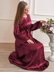 Modelyn Burgundy Red Jacquard Trumpet Sleeve Knot Front Dress, Evening Dress Maxi Women Outfit - Burgundy - View 8