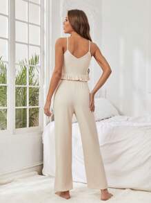 荷葉邊吊帶上衣和褲子休閒服套裝 - 米色 - 查看 2