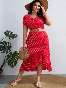 Dreamara Plus Polka Dot Print Drawstring Front Crop Top & Ruffle Trim Wrap Hem Skirt - Red - View 2