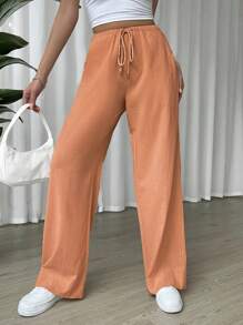 SHEIN EZwear Linen Drawstring Waist Slant Pocket Wide Leg Pants - Orange - View 3