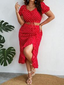 Dreamara Plus Polka Dot Print Drawstring Front Crop Top & Ruffle Trim Wrap Hem Skirt - Red - View 1
