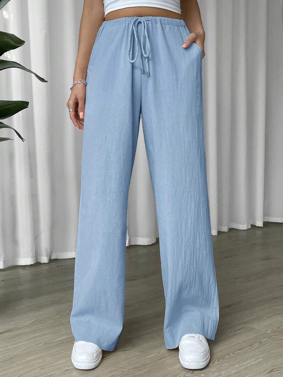 SHEIN EZwear Pantalones de pierna ancha de cintura con cordón - Azul - Ver 1